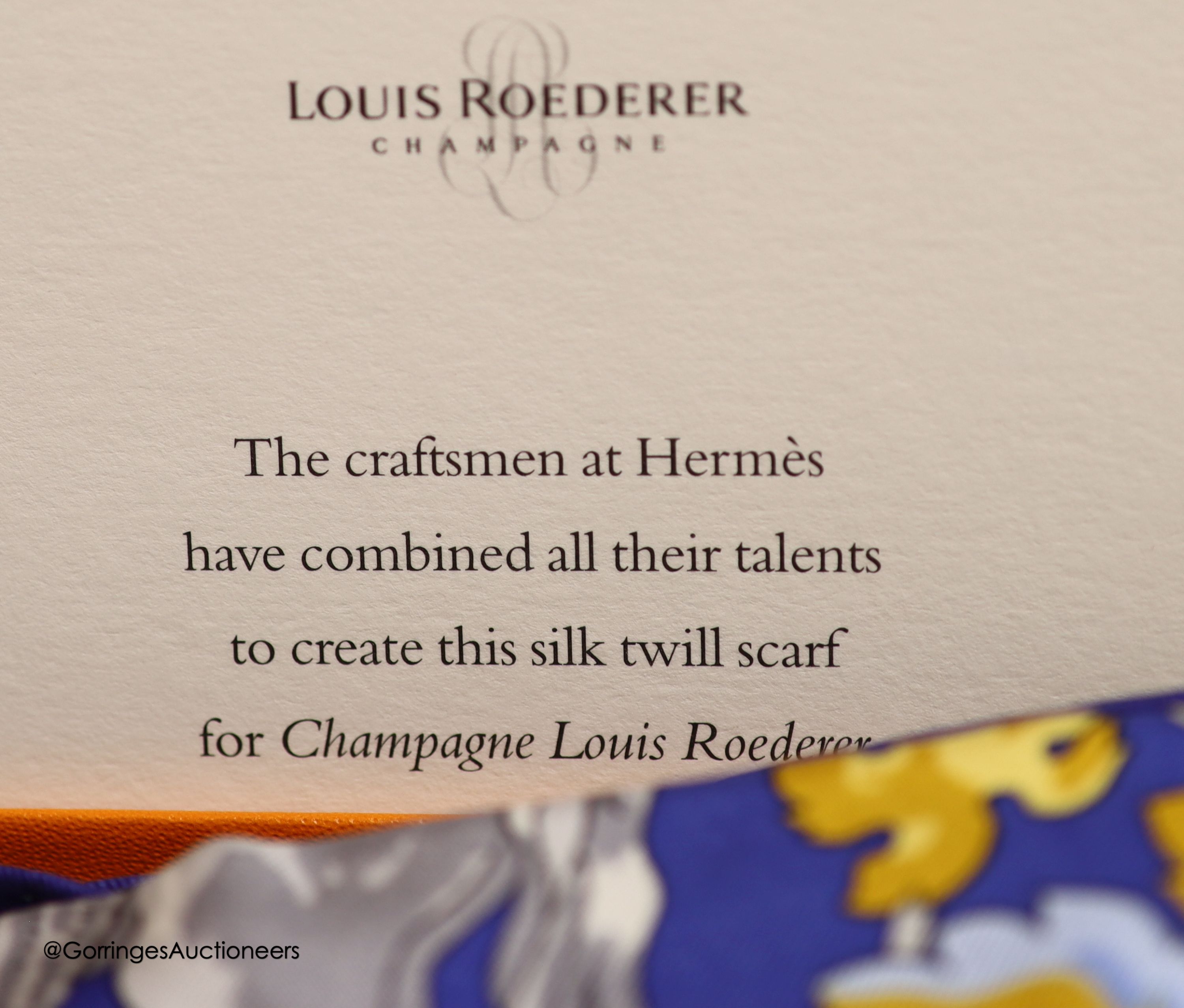 A rare Hermes Louis Roederer Champagne silk twill scarf, boxed